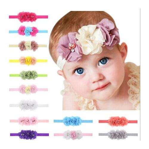 28Clrs New Fashion Hot children kids Baby girls pearl diamond 3 flowers Headband Headwear Hair Band Head Piece Accessories