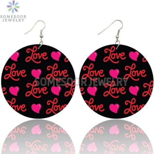 SOMESOOR Full Love Cutie Pie Wooden Drop Earrings Valentine‘s Day Design Both Sides Printed Loops Dangle Jewelry For Women Gifts