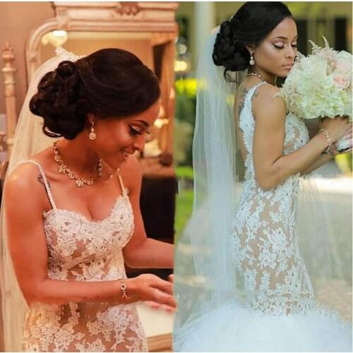 Nude And Ivory Lace Mermaid Wedding Dresses Sexy Backless Straps Spaghetti Plus Size Boho Beach Bridal Wedding Gown Appliques