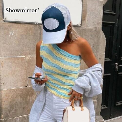 Showmirror One Shoulder Knitted Cropped T Shirt Women Striped Casual Off Shoulder Sleeveless T-shirt Ladies Streetwear TS33536