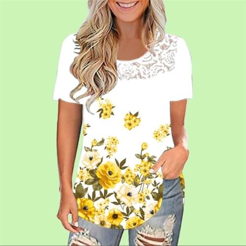 Women Lace Hollow Out Splicing T Shirt Summer Floral Print Casual Short Sleeve Loose Shirt Ladies Streetwear Large Size Tops 5XL