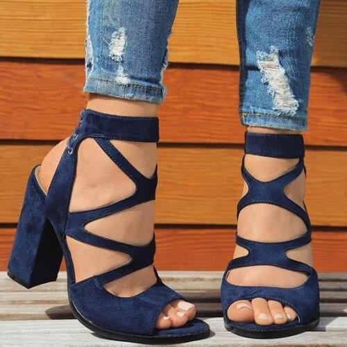 Sestito New 2018 Woman Suede Leather Fretwork Ankle Strap Sandals Girls Chunky Heels Summer Pumps Lady Lace-up Peep Toe Shoes