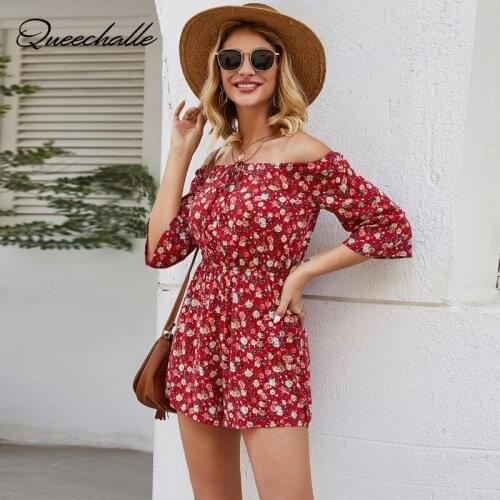 New 2021 Spring Playsuits Womens Sexy Slash Neck Beach Style Casual Short Jumpsuit Summer Vintage Floral Print Female Overalls