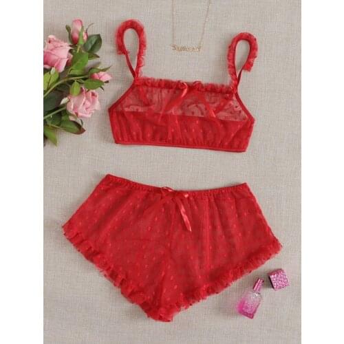 Women’s Sexy Mesh Perspective Lingerie Set Fashion Solid Color Lace Decor Top and High Waist Panties