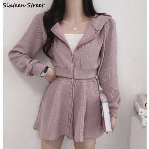 Korean Short Sets Woman Autumn Tracksuit Outfits Chic Hooded Tops + Shorts Woman Two Piece Suits Sport Spring Zipper Cardigan