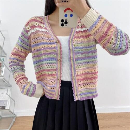 Colorful Striped Cardigan Women Runway Designer Crop Sweater Coat 2021 Crochet Hollow Out Knitted Cardigan Short Jacket Outwear