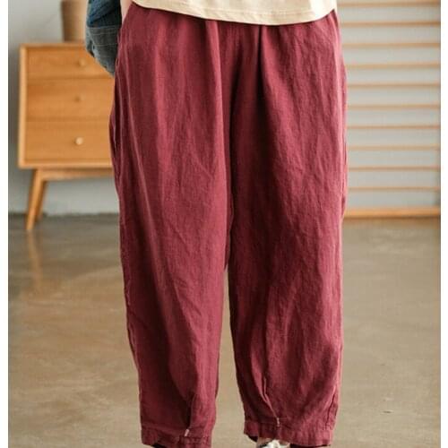 New Pants Women Summer 21 Vintage Solid Color Loose Elastic Waist Drawstring Female Fashion Full-Length Harem Trousers