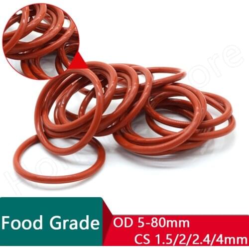 CS 1.5/2/2.4/4mm Red Silicone O-Ring OD 5-80mm Food Grade Ring Washer Gaskets -35℃~200℃ Waterproof And Insulated