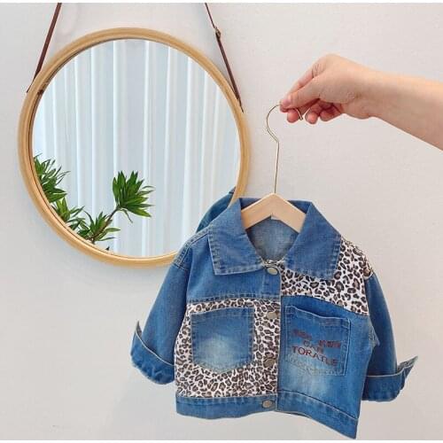 Leopard denim jacket for girls Loose style children outwear letter embroidery spring jacket newly girl baby coat casaco infantil