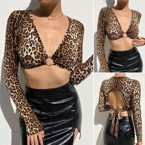 Sexy V-Neck Open Back Lace-Up Leopard Print Long Sleeve T-Shirt Leopard Print