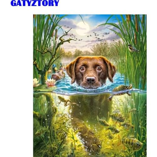 GATYZTORY Frame Swim Dog Animals Diy Painting By Numbers Handpainted Wall Art Picture By Numbers Unique Gift For Home Decor Arts