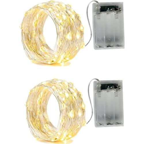 2 x Fairy String Lights Battery Operated, Silver Wire 2 Mode 50 LEDs for Bedroom Christmas Party Wedding Decoration WARM WHITE