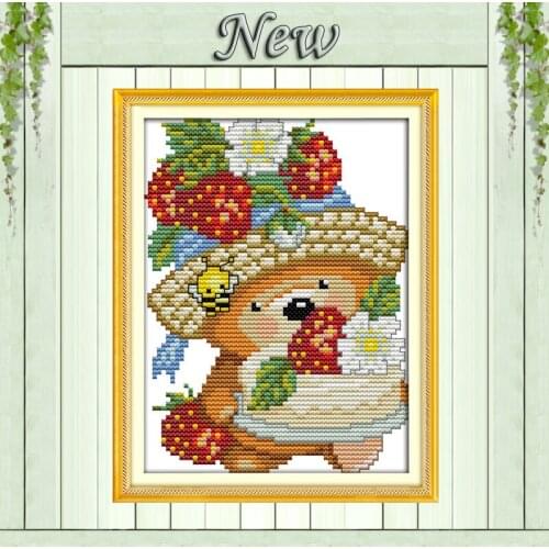 Strawberry cake lovely bear home Decor,pattern print on canvas DMC 14CT 11CT DIY Cross Stitch Needlework kits Embroidering Sets