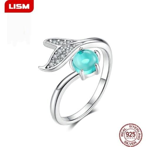 Mermaid Ring 925 Sterling Silver Blue Ocean Stone Tear Fish Tail Rings for Women Open Ajudstale Ring Jewelry