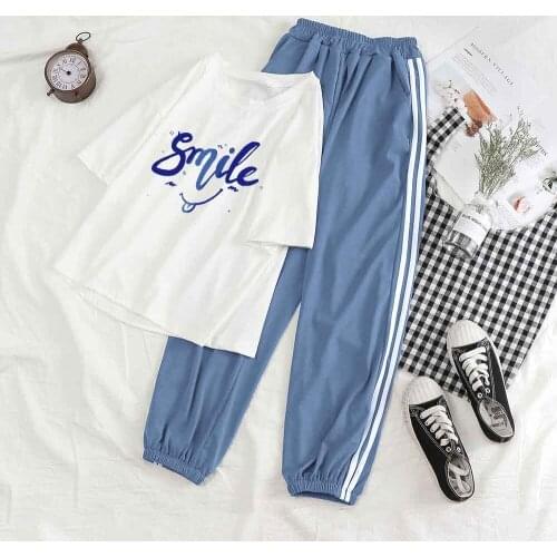 Pants Sets Summer Pants Women Trouser Suits for Women Plus Size Two Piece Sets Smile Letter Print Fashion T Shirt Long Pant Suit