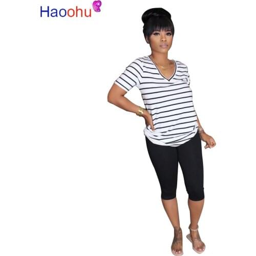 HAOOHU 2020 Summer Women Two Pieces Sets Tracksuits Striped Print Tops Shorts Suit Sporty Fitness Night Club 2 Pcs Outfit