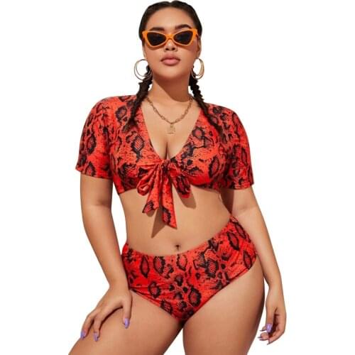 Summer Leopard Bikini Plus Size XL-4XL Red Printed Swimwear Bow Short Sleeve Split Beachwear Sexy Mini Swimsuit Bathing Suits