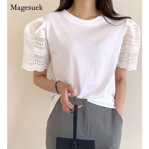 Summer Loose O-neck T-shirt Korean Plus Size Fashion Short-sleeved Shirts 2021 Lace Stitched Loose Women Tops Clothing 14161