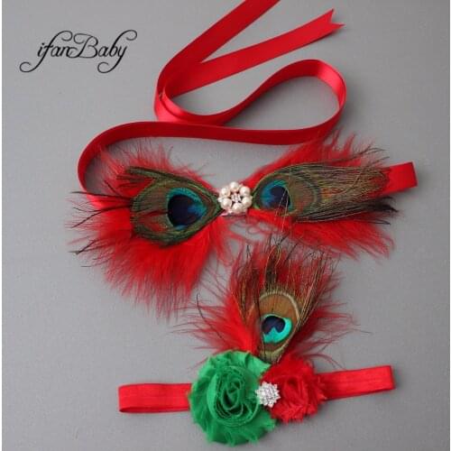 Fashion Chrisrmas flower Belt,Girl Woman Sash Belt Wedding Sashes belt with feather flower headband 1 SET