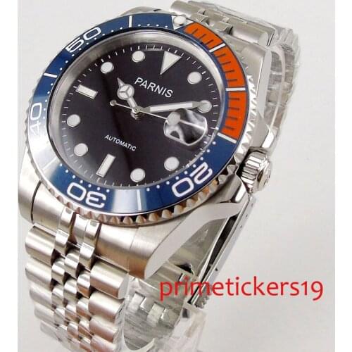 40mm parnis black dial sapphire glass blue orange rotating bezel stainless steel strap automatic mens watch