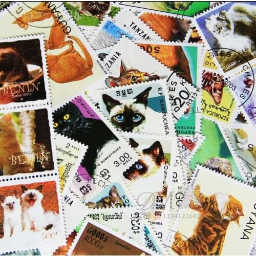 50 Different Topic Animal Cat Unused Postage Stamps With Post Mark For Collection