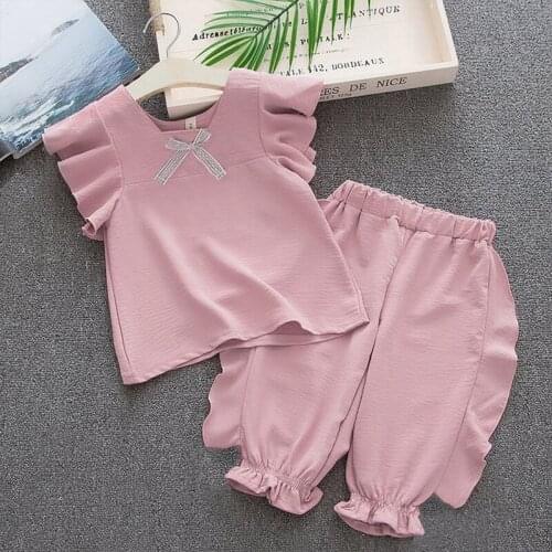 2021 Summer New Girls Korean Casual Flying Sleeve T-shirt Lace Shorts Two-piece Suit Childrens Boutique Clothing