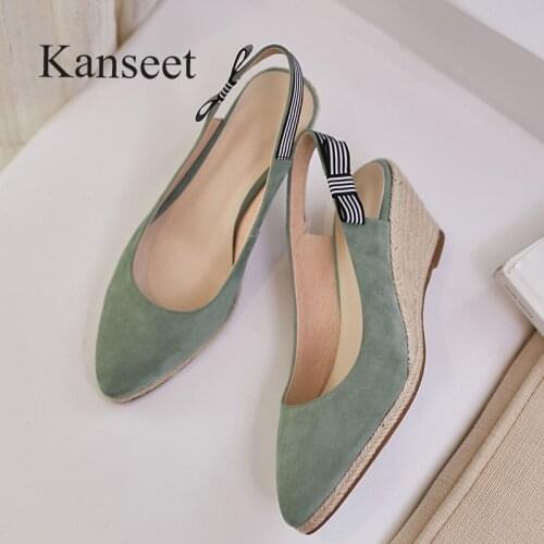 Kanseet 2021 Summer New Womans Sandals Weave Wedges Kid-Suede Fashion Handmade Platform Footwear Pointed Toe High Heels Shoes