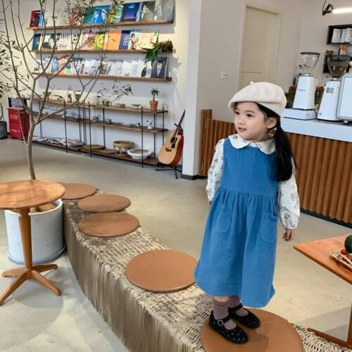 Autumn New Arrival korean style girls dress sleeveless corduroy loose fashion vest dress with pockets for cool baby girls