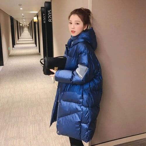Winter Women Midi-Length Coat Thicken Warm Solid Color Hooded Parkas Cotton-Padded Jacket Glossy Fashion Casual Female Outerwear