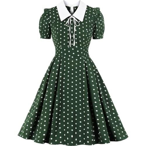 Casual High Waist Turn Down Dress Collar Bow Polka Dots Printed A Line Multiple Colour Swing Clothings Patchwork Summer Dresses