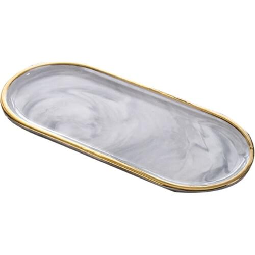 Nordic Style Gold-Plated Oval Plate Creative Ceramic Plate Marbled Western Dish Snack Plate Cake Storage Tray Jewelry Tray Decor