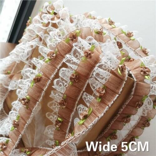 5CM Wide Luxury Coffee 3D Pleated Chiffon Lace Fabric Sewing Neckline Collar Applique Border Ruffle Trim Dress Supplies Diy