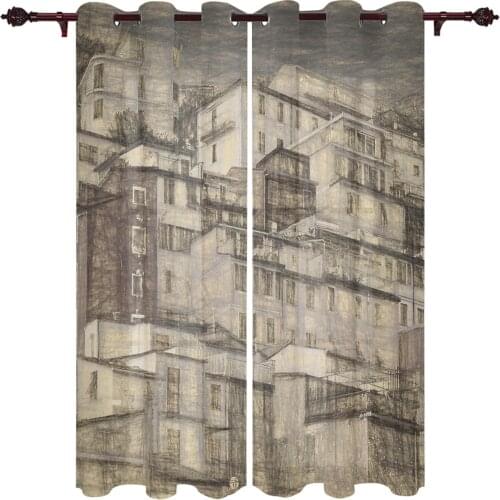 Outdoor Curtains Pencil Drawing Building Living Room Kitchen Curtain Drape For Patio Garden Gazebo Yard Valance Cutains