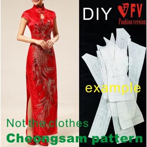 Pattern making womens Chinese style classic long stand collar small cap sleeve cheongsam pattern 1:1 cutting drawing BQP-1