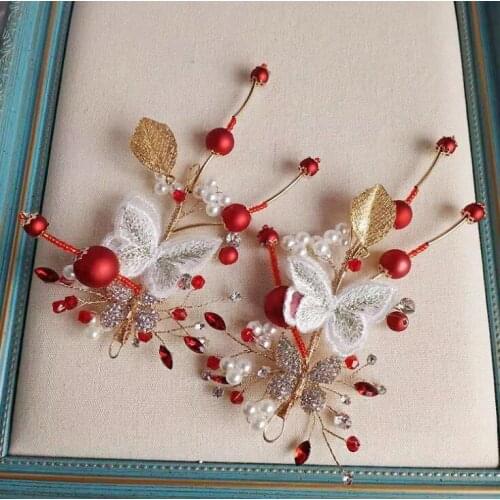 1 pair Chinese Classic Red pearl White Butterfly Hair Pins Princess Wedding Hair Accessories Hair Clip women Hair Jewelry