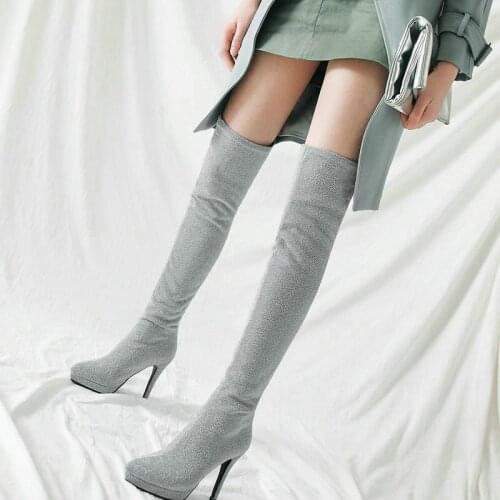 Lady Slip On Stretch Slim Over The Knee Boots Fashion Sequin Cloth Platform Four Seasons Women Shoes Sexy Super High Heel Boots
