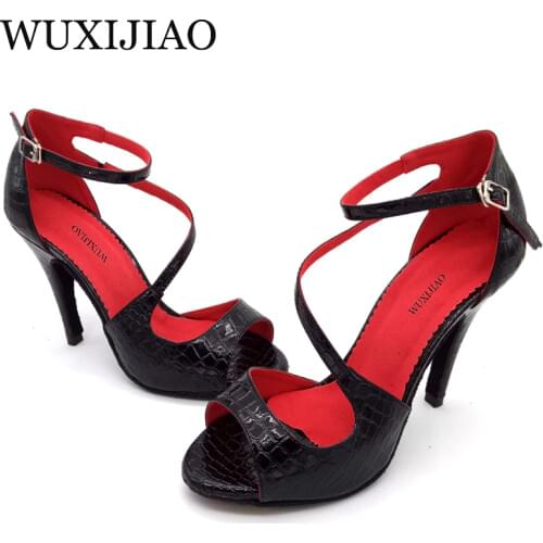 WUXIJIAO 2018 New Red Black Crocodile texture PU Womens Latin Dance Shoes High Heel Shoes Sandals Salsa Party Performance shoes