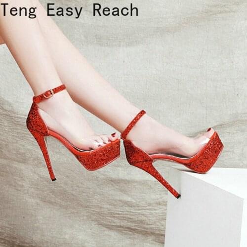 2021 Sexy Platform Thin High Heel Women Pumps Bling Buckle Women High Heel Shoes PU Leather Summer Womens Shoes Plus Size 43