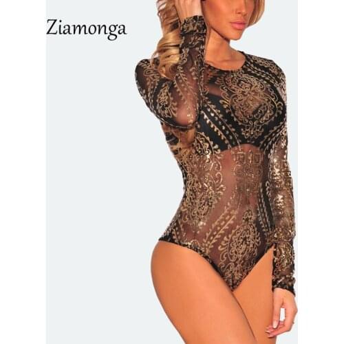 Ziamonga 2017 Autumn Bodysuit Women Sexy O-Neck Gold Print Lace Jumpsuit Romper Black Party Elegant Jumpsuit Overalls For Women