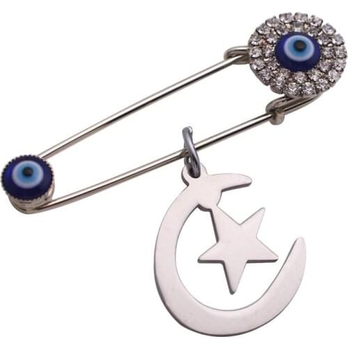 ZKD muslim islam Persian Crescent Moon Star Amulet Turkish evil eye Stainless Steel Scarf Hijab brooch Baby Pin