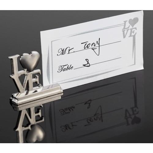 100pcs/lot LOVE Shape Table Card Holder Letters Place Card Alloy Holders Table Mark Cards for Wedding Decoration casamento