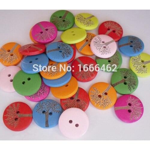 20mm 50pcs DIY 2 holes six color dyed wood buttons with a tree for craft sewing scrapbooking