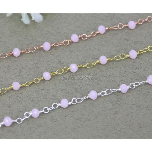 5Meter Mix Plated Rosary Style Wire Wrapped Beaded Chain,Rosary chain Pink faceted Crystal beads size 4mm for jewelry making