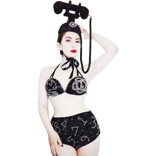 Black Rhinestones Floral Digital Pattern Bikini Sets Personality Hat Nightclub Dance Show Wear Theatrical Costume For Women