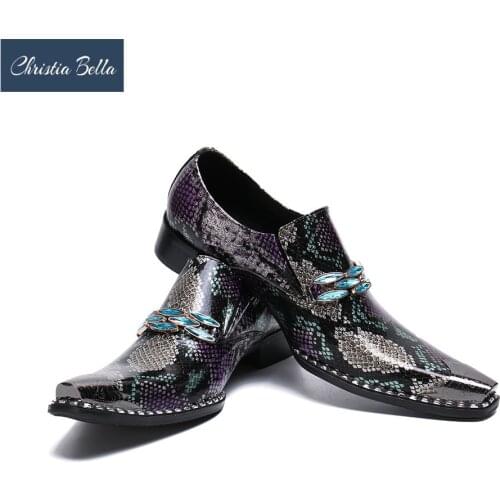 Christia Bella Snake Skin Genuine Leather Men Business Shoes Fashion Plus Size Print Slip On Metal Square Toe Formal Men Shoes
