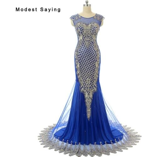 Elegant Royal Blue Mermaid Beaded Lace Evening Dresses 2018 with Gold Applique Formal Party Prom Gowns vestido de festa longo
