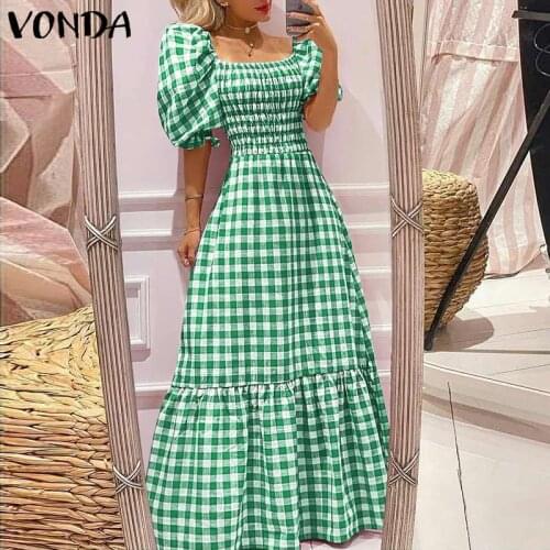 Summer Party Dress Women Green Robe 2021 VONDA Vintage Short Sleeve Square Collar Plaid Maxi Dresses Holiday Vestidos