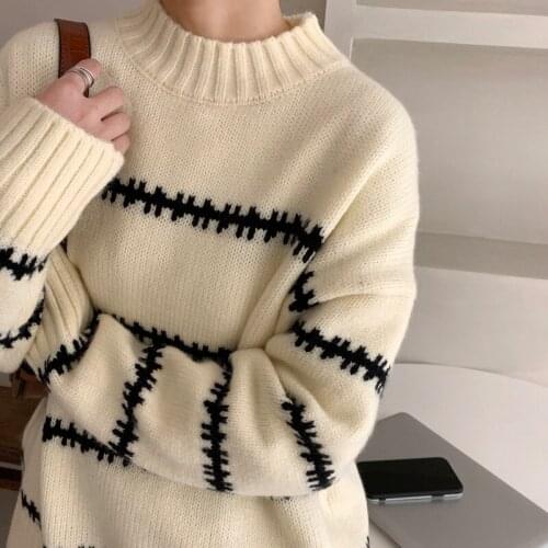 LMQ New Fashion Knitted Tops Striped Contrast Color Temperament Loose Round Neck Long-Sleeved Autumn Winter Thick Sweaters