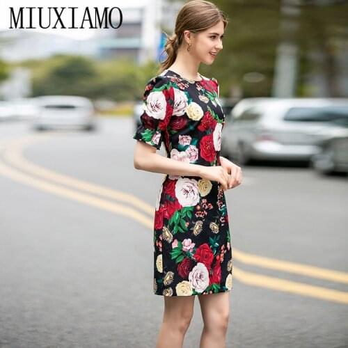 MIUXIMAO High Quality 2020 Spring Dress New Arrival Short Sleeve Flower Print A-Line Fashion Above Knee Casual Dress Women