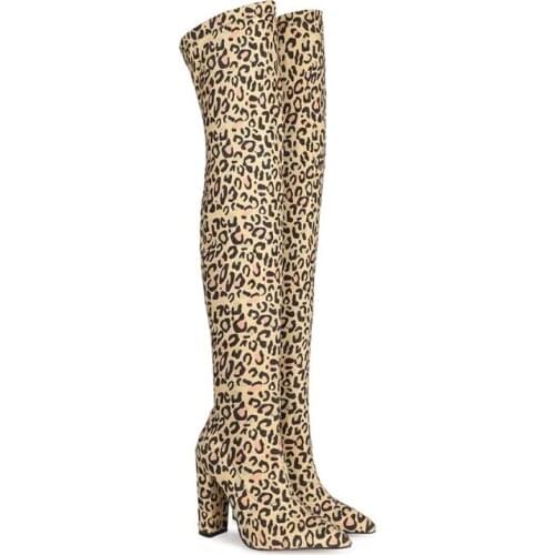 OLOMLB Womens Pointy Toe Leopard Over The Knee Thigh Boots Block High Heel Stretchy Shoes 2Colors Sexy Plus Size 34-48